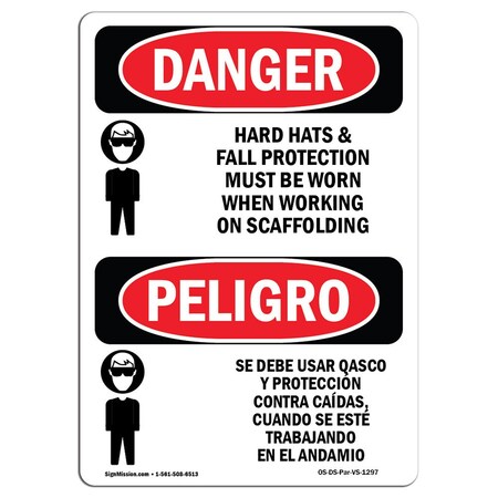 Signmission OSHA Sign, Hard Hats Protection Scaffolding Bilingual, 24in X 18in Decal, 18" W, 24" H, Spanish OS-DS-D-1824-VS-1297